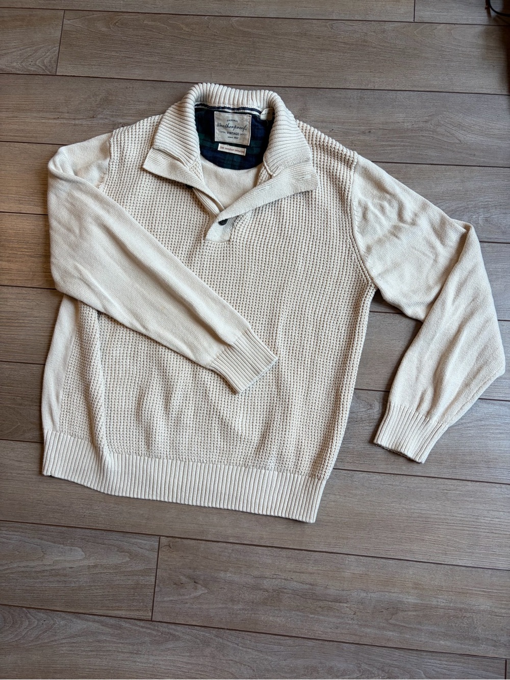 Original Weatherproof Vintage Cream Waffle-Knit Zip-Up Sweater 100% Cotton